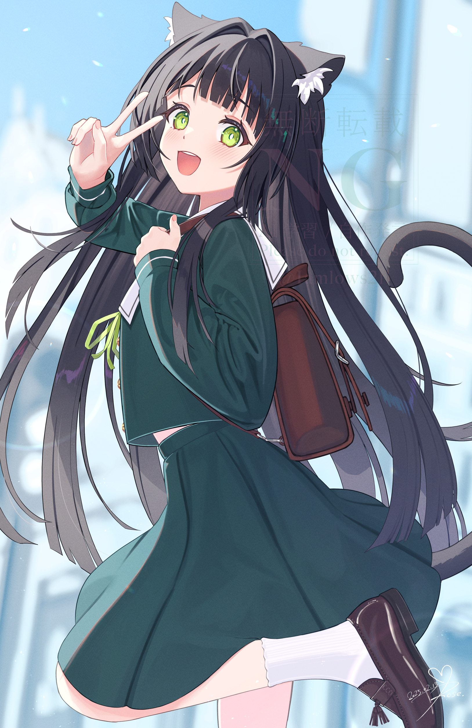 lows., original, absurdres, highres, 1girl, :d, animal ear fluff, animal ears, bag, black hair, black tail, blunt bangs, blurry, blurry background, cat ears, cat girl, cat tail, foot out of frame, from side, green eyes, green ribbon, green shirt, green skirt, hair intakes, hand up, hands up, holding strap, leg up, light blush, long hair, long sleeves, looking at viewer, looking to the side, midriff peek, open mouth, ribbon, sailor collar, school bag, school uniform, serafuku, shirt, shoes, skirt, smile, socks, solo, standing, standing on one leg, straight hair, tail, tail raised, teeth, upper teeth only, v, very long hair, watermark, white sailor collar, white socks