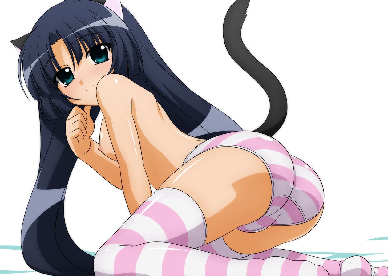 sugimura tomokazu, elizabetta, fushigiboshi no futago hime, fushigiboshi no futago hime gyu, 00s, 1girl, animal ears, ass, blue eyes, blush, breasts, cameltoe, cat ears, cat tail, female focus, medium breasts, nipples, panties, pink panties, purple hair, solo, striped clothes, striped panties, striped thighhighs, tail, thighhighs, topless female, underwear