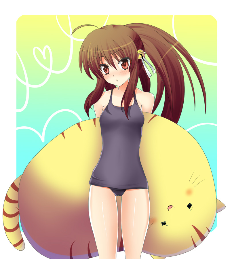 masayu, natsume rin, little busters!, black one-piece swimsuit, blush, brown hair, long hair, one-piece swimsuit, ponytail, red eyes, school swimsuit, solo, stuffed animal, stuffed toy, swimsuit