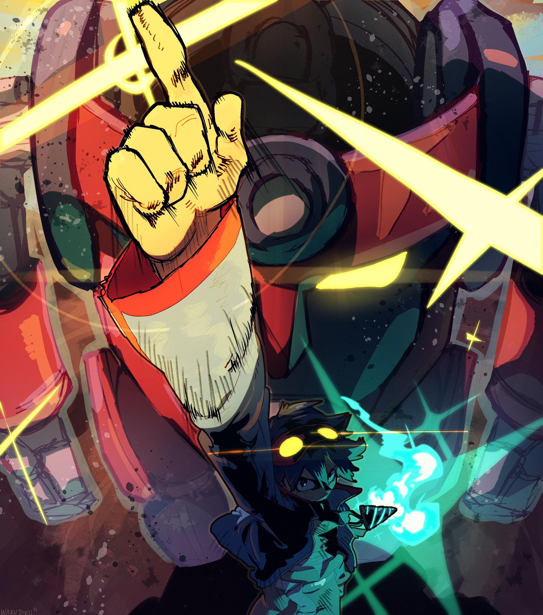 taku (aywakutakuay), gurren-lagann, simon (ttgl), tengen toppa gurren lagann, highres, 1boy, black eyes, blue hair, blue jacket, drill, goggles, goggles on head, hand up, jacket, kamina pose, male focus, mecha, pointing, pointing up, robot, signature, sparkle