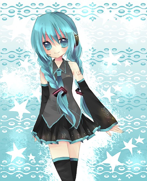 ou (swdp), hatsune miku, vocaloid, 1girl, aqua hair, black thighhighs, blue eyes, blue necktie, blush, braid, female focus, looking at viewer, necktie, pleated skirt, skirt, solo, tattoo, thighhighs, twin braids, twintails