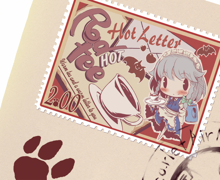 takahero, izayoi sakuya, touhou, 1girl, chibi, dress, female focus, letter, maid, solo, tea
