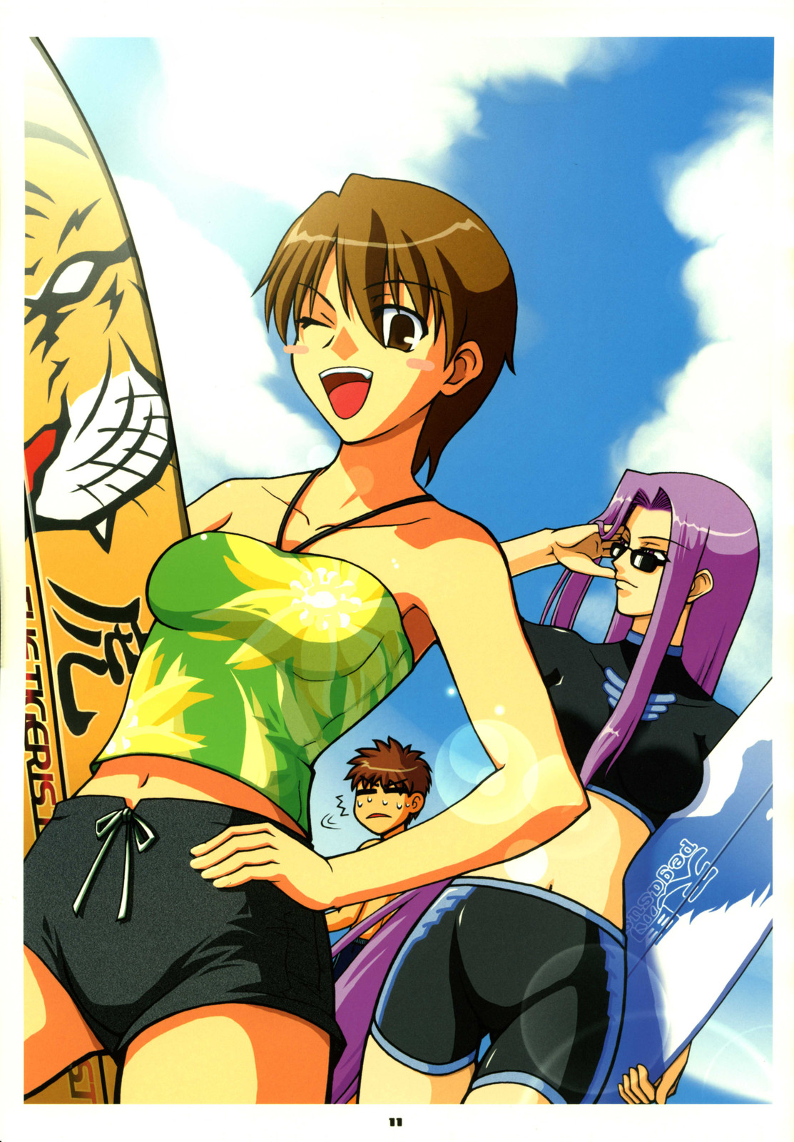namonashi, rubbish selecting squad, emiya shirou, fujimura taiga, medusa (fate), medusa (rider) (fate), fate/stay night, fate (series), highres, non-web source, 00s, 1boy, 2girls, brown hair, cloud, day, long hair, midriff, multiple girls, navel, one eye closed, outdoors, purple hair, sky, sunglasses, surfboard, wink