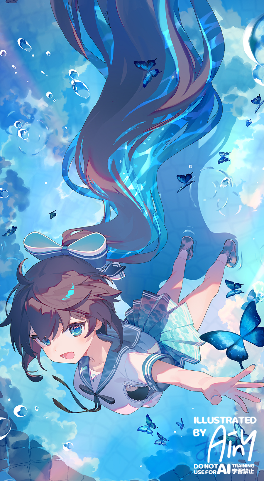 ainy, original, commentary request, highres, 1girl, :d, black bow, black bowtie, blue bow, blue eyes, blue sailor collar, blue shoes, blue skirt, bow, bowtie, brown hair, full body, hair bow, long hair, open mouth, pleated skirt, ponytail, sailor collar, school uniform, serafuku, shirt, shoes, short sleeves, skirt, smile, solo, standing, striped bow, very long hair, water, white shirt