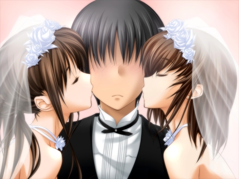 hizuki ayumi, hizuki suzune, ringetsu, 1boy, 2girls, blush, bridal veil, bride, brown hair, choker, closed eyes, double cheek kiss, dress, faceless, faceless male, girl sandwich, hetero, kiss, kissing cheek, long hair, multiple girls, polygamy, sandwiched, short hair, siblings, sisters, take your pick, veil, wedding, wedding dress