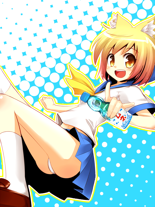 npon515, original, m/, animal ears, bottle, fox ears, orange eyes, orange hair, panties, solo, underwear, upskirt, water bottle, white panties