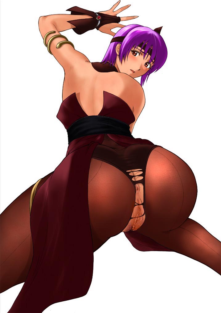 arisawa masaharu, ayane (doa), dead or alive, tecmo, 1girl, all fours, anus, armlet, ass, blush, brown eyes, clitoris, female focus, female pubic hair, jewelry, pantyhose, pubic hair, purple hair, pussy, simple background, solo, spread legs, torn clothes, torn pantyhose, uncensored, white background