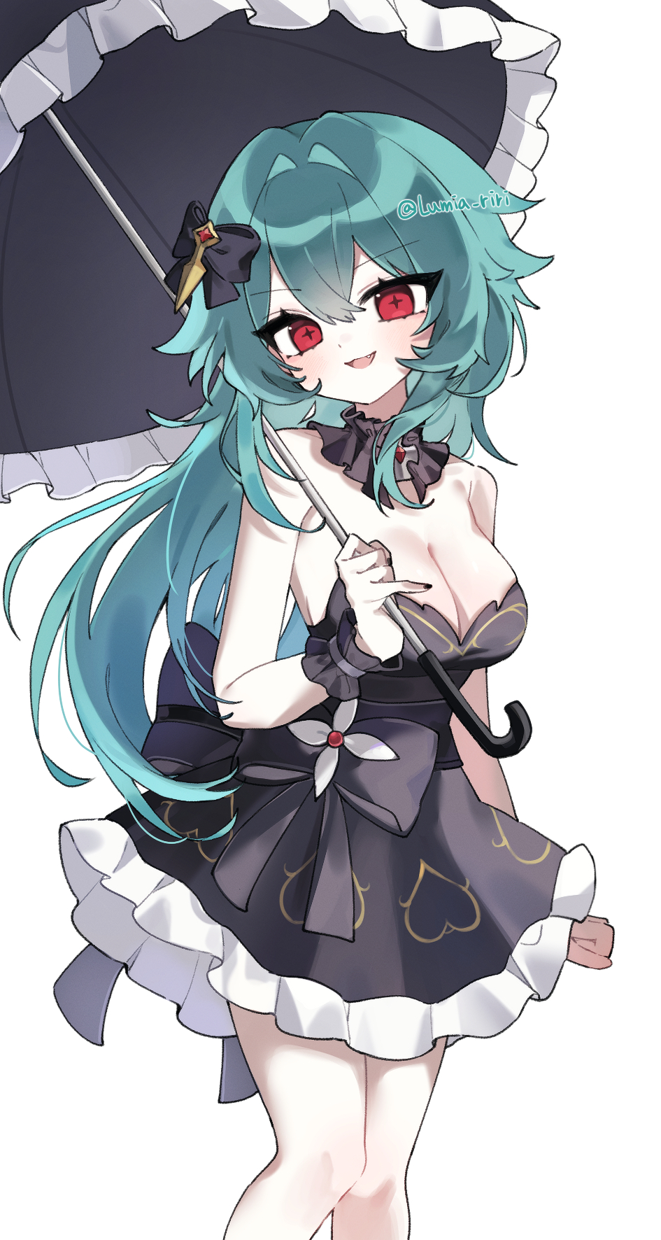 lumia riri, bianca (black survival), black survival, eternal return: black survival, highres, 1girl, bare shoulders, black bow, black dress, black nails, black wrist cuffs, bow, breasts, cleavage, cowboy shot, cross-shaped pupils, detached collar, dress, dress bow, fang, frilled dress, frilled wrist cuffs, frills, green hair, hair bow, hair intakes, holding, holding umbrella, knees together feet apart, large breasts, long hair, nail polish, open mouth, parasol, pinky out, red eyes, short dress, simple background, solo, strapless, strapless dress, symbol-shaped pupils, twitter username, umbrella, very long hair, white background, wrist cuffs