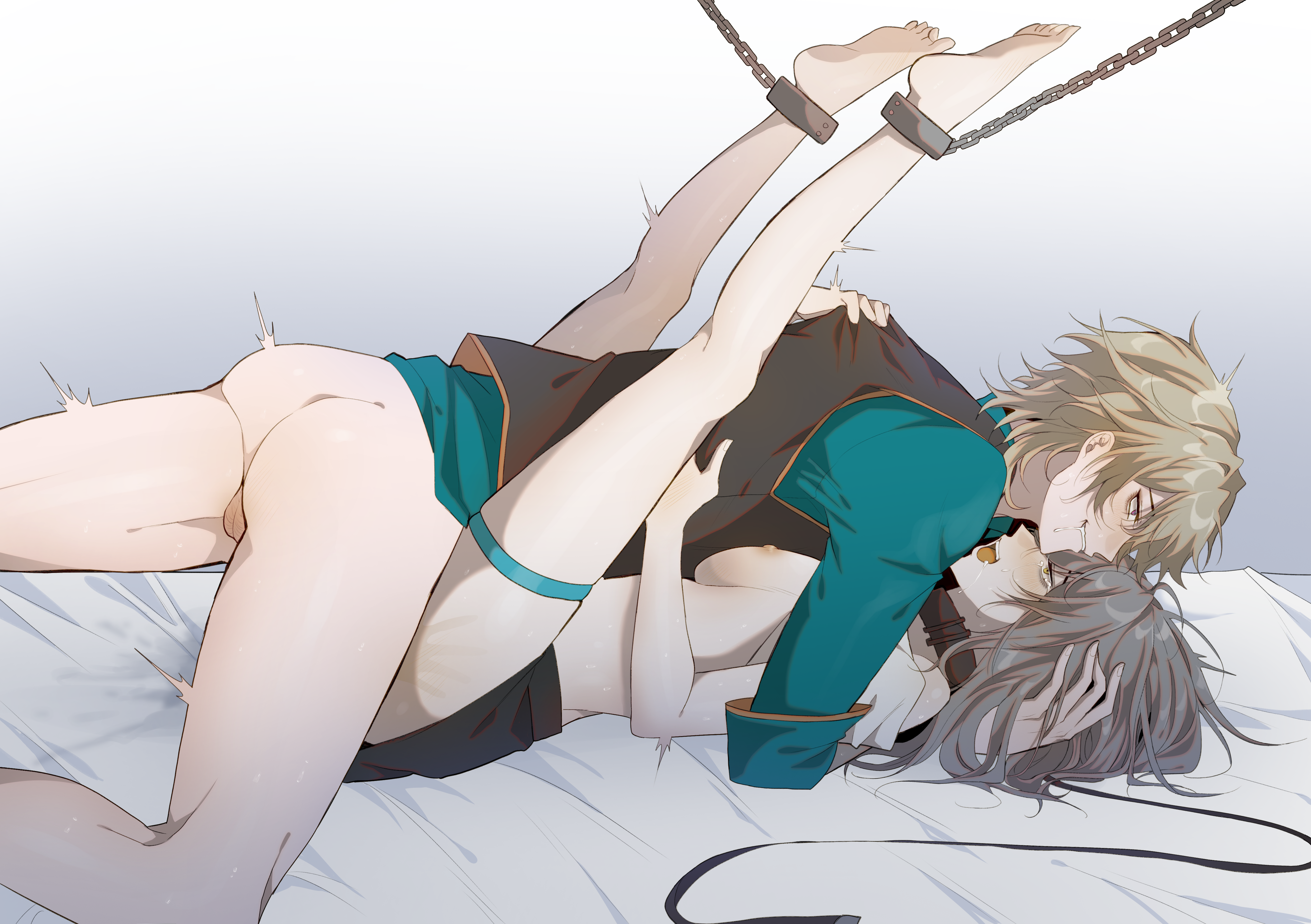 puyurin, aventurine (honkai: star rail), stelle (honkai: star rail), trailblazer (honkai: star rail), honkai: star rail, honkai (series), absurdres, highres, 1boy, 1girl, aqua shirt, ass, bare shoulders, black collar, black skirt, black vest, blonde hair, blue eyes, blush, bottomless, breasts, chain, collar, crying, crying with eyes open, cuffs, drooling, fingernails, gradient background, grey background, grey hair, hair between eyes, half-closed eyes, hand on another's head, hetero, legs up, long hair, long sleeves, looking up, lying, medium breasts, miniskirt, multicolored eyes, nipples, off-shoulder shirt, off shoulder, on back, on bed, open mouth, purple eyes, saliva, sex, shirt, short hair, short sleeves, simple background, skirt, slap mark, t-shirt, tears, teeth, testicles, thigh strap, tongue, uncensored, vaginal, vest, white background, white shirt, wide-eyed, yellow eyes