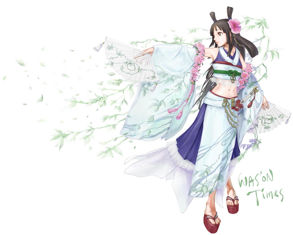 wason, original, black hair, brown hair, detached sleeves, flower, folding fan, hair flower, hair ornament, hand fan, long hair, navel, solo, sword, weapon