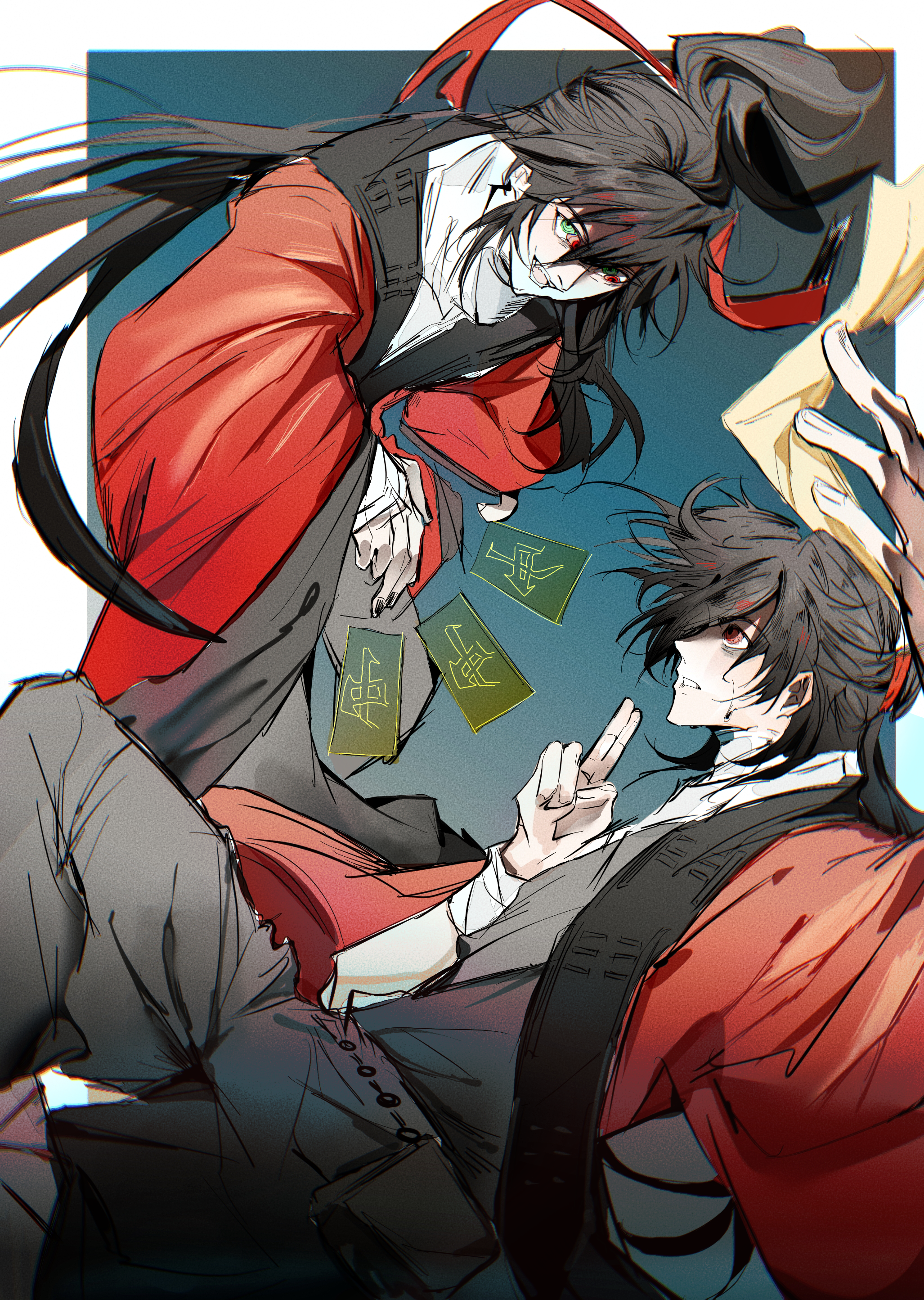 lixiadehuanglizi, li huowang, dao gui yi xian, absurdres, chinese commentary, highres, 2boys, bags under eyes, bandaged neck, bandaged wrist, bandages, battle, black hair, black hanfu, black nails, chinese clothes, coat, extra pupils, green eyes, grey hanfu, hair ribbon, half updo, hand up, hanfu, holding, holding ofuda, hong zhong (illusory), kuji-in, long hair, long sleeves, looking at another, looking at viewer, mahjong, mahjong tile, male focus, multiple boys, nail polish, ofuda, open clothes, open coat, open mouth, pants, ponytail, red coat, red eyes, red ribbon, ribbon, robe, smile, sweat, very long hair, wide sleeves, yaoi