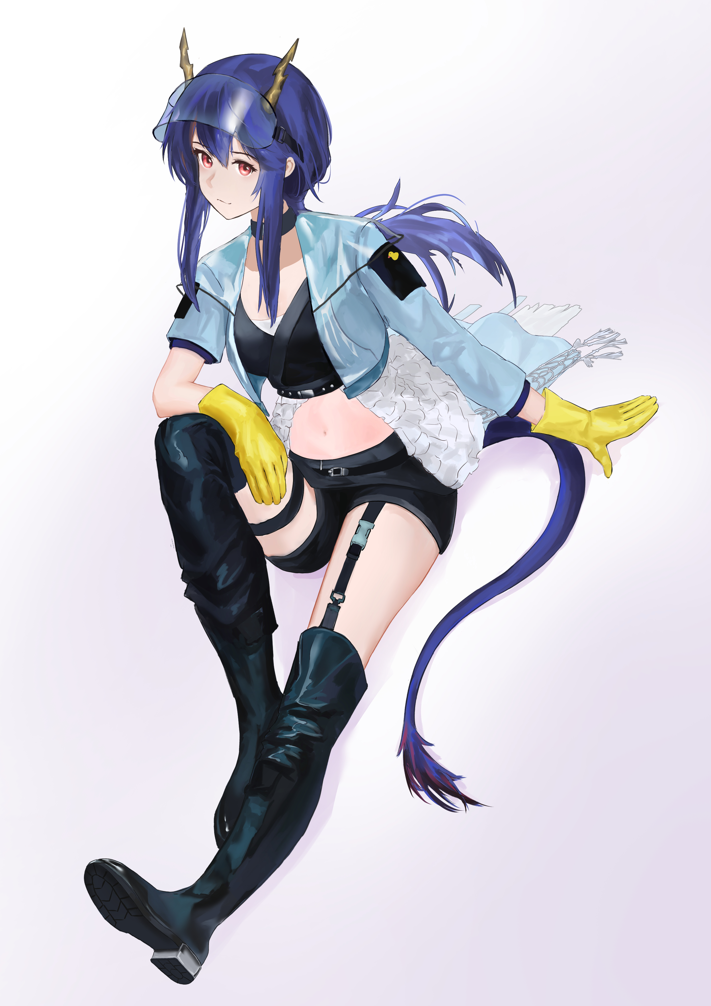 ch'en (arknights), ch'en the holungday (arknights), ch'en the holungday (holiday) (arknights), arknights, absurdres, chinese commentary, commentary request, highres, 1girl, belt, belt around waist, black belt, black boots, black shorts, blue hair, boots, breasts, closed mouth, dragon girl, dragon horns, full body, garter straps, gloves, horns, light smile, long hair, navel, official alternate costume, red eyes, rubber gloves, shadow, shorts, sidelocks, solo, stomach, yellow gloves, zia qi ya