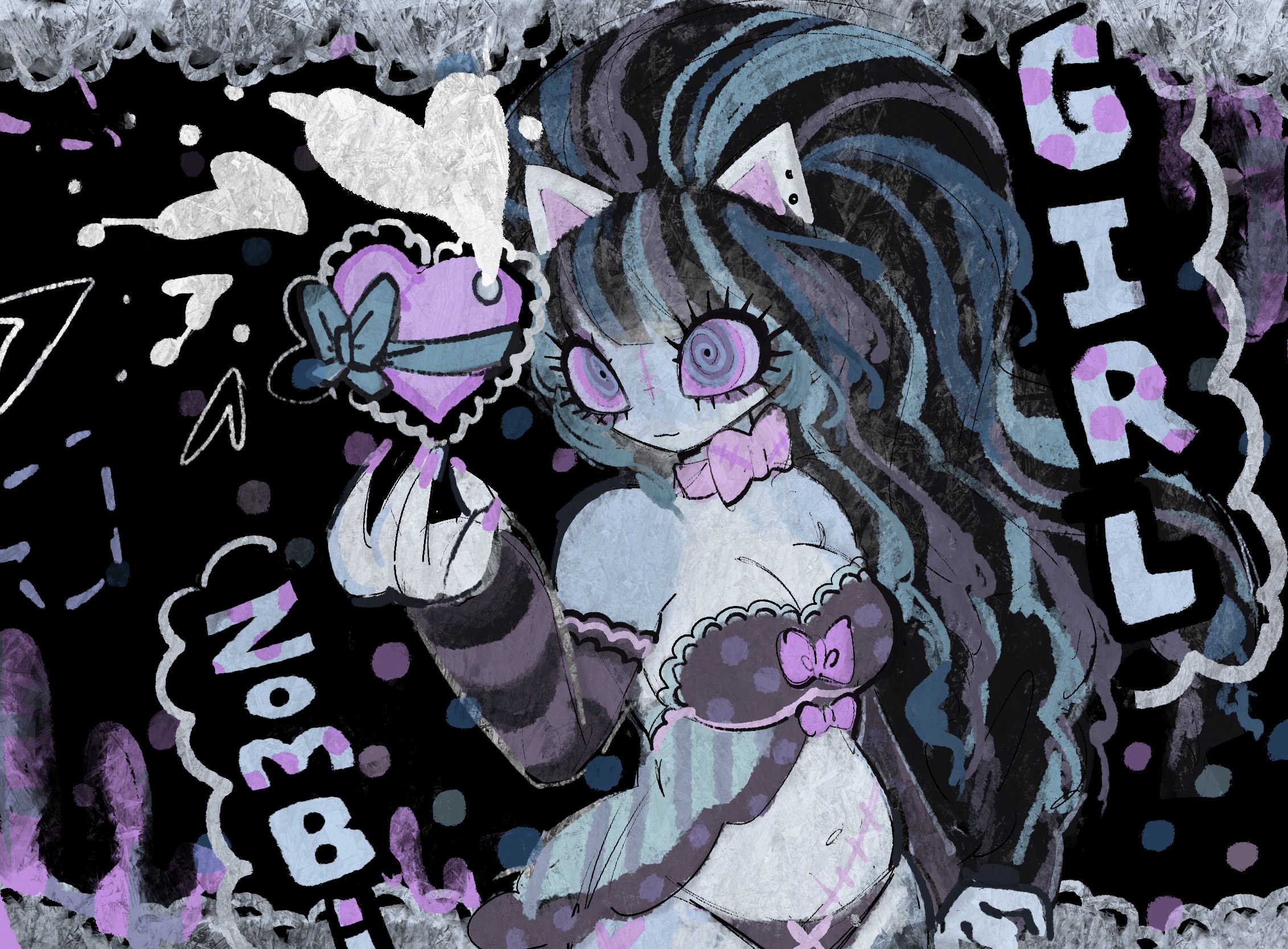 original, highres, 1girl, :3, @ @, abstract background, animal ears, black hair, black sleeves, blue eyes, blue hair, blue ribbon, blue skin, bra, breasts, cat ears, cat girl, cleavage, closed mouth, colored skin, cowboy shot, detached sleeves, frilled bra, frills, grey bra, grey panties, heart, large breasts, multicolored hair, panties, papilionidae, plump, polka dot, polka dot bra, purple bra, purple eyes, purple hair, purple nails, purple sleeves, ribbon, solo, standing, stitched face, stitched torso, stitches, striped sleeves, underwear