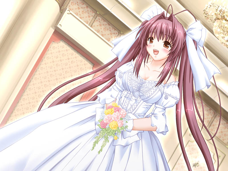 nekonyan, manai misato, chocolat maid cafe curio, game cg, 1girl, antenna hair, blush, bouquet, bow, breasts, brown eyes, dress, female focus, flower, gloves, gown, hair bow, hair intakes, large breasts, open mouth, solo, twintails, wedding dress
