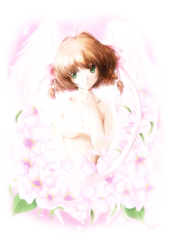 yukirin, suzumiya haruka, kimi ga nozomu eien, 00s, 1girl, antenna hair, braid, breasts, brown hair, female focus, flower, green eyes, hair ribbon, medium breasts, nude, ribbon, solo, twin braids, wings