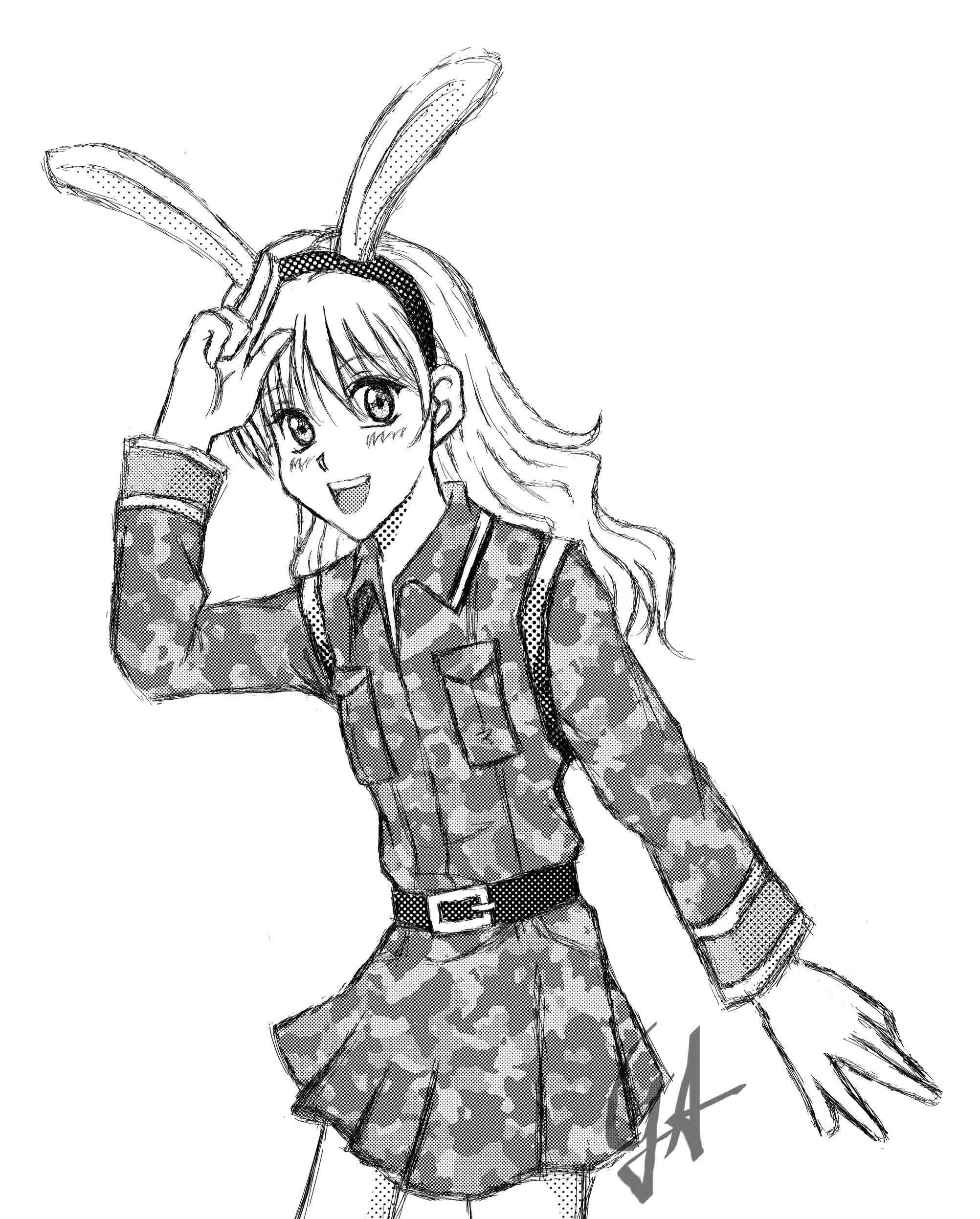 absurdres, highres, animal ears, blush, camouflage, gesture, krautmarie, military, rabbit ears, smile
