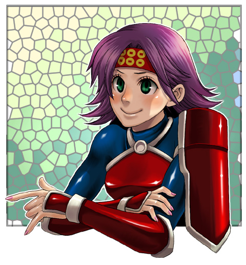 kunoichi (sengoku musou), sengoku musou, 1girl, armor, breastplate, closed mouth, cosplay, female focus, green eyes, headband, purple eyes, short hair, shoulder pads, smile, solo, upper body
