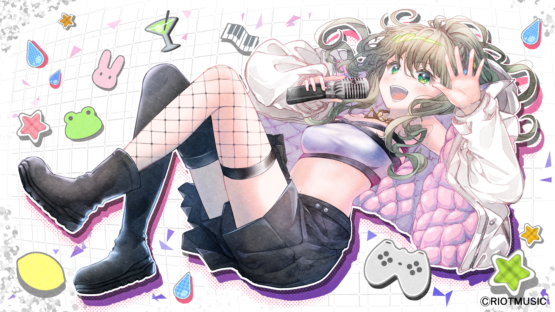 ittokyu, matsunaga iori, riot music, commentary request, highres, official art, 1girl, :d, asymmetrical footwear, black boots, black shorts, black thighhighs, blush, boots, breasts, brown hair, controller, fishnet thighhighs, fishnets, full body, game controller, green eyes, grid background, hair between eyes, holding, holding microphone, jacket, long hair, long sleeves, microphone, midriff, navel, open clothes, open jacket, open mouth, padded jacket, short shorts, shorts, single fishnet legwear, single thigh boot, single thighhigh, small breasts, smile, solo, thigh boots, thighhighs, virtual youtuber, white jacket