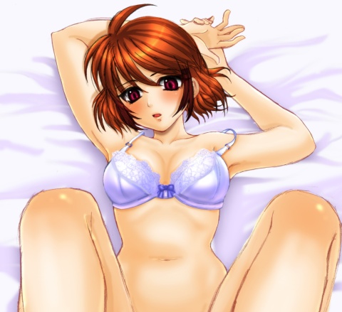 nori (yotaji), ibis douglas, banpresto, super robot wars, bad id, bad pixiv id, lowres, armpits, arms behind back, arms up, bottomless, navel, pink eyes, red hair, solo
