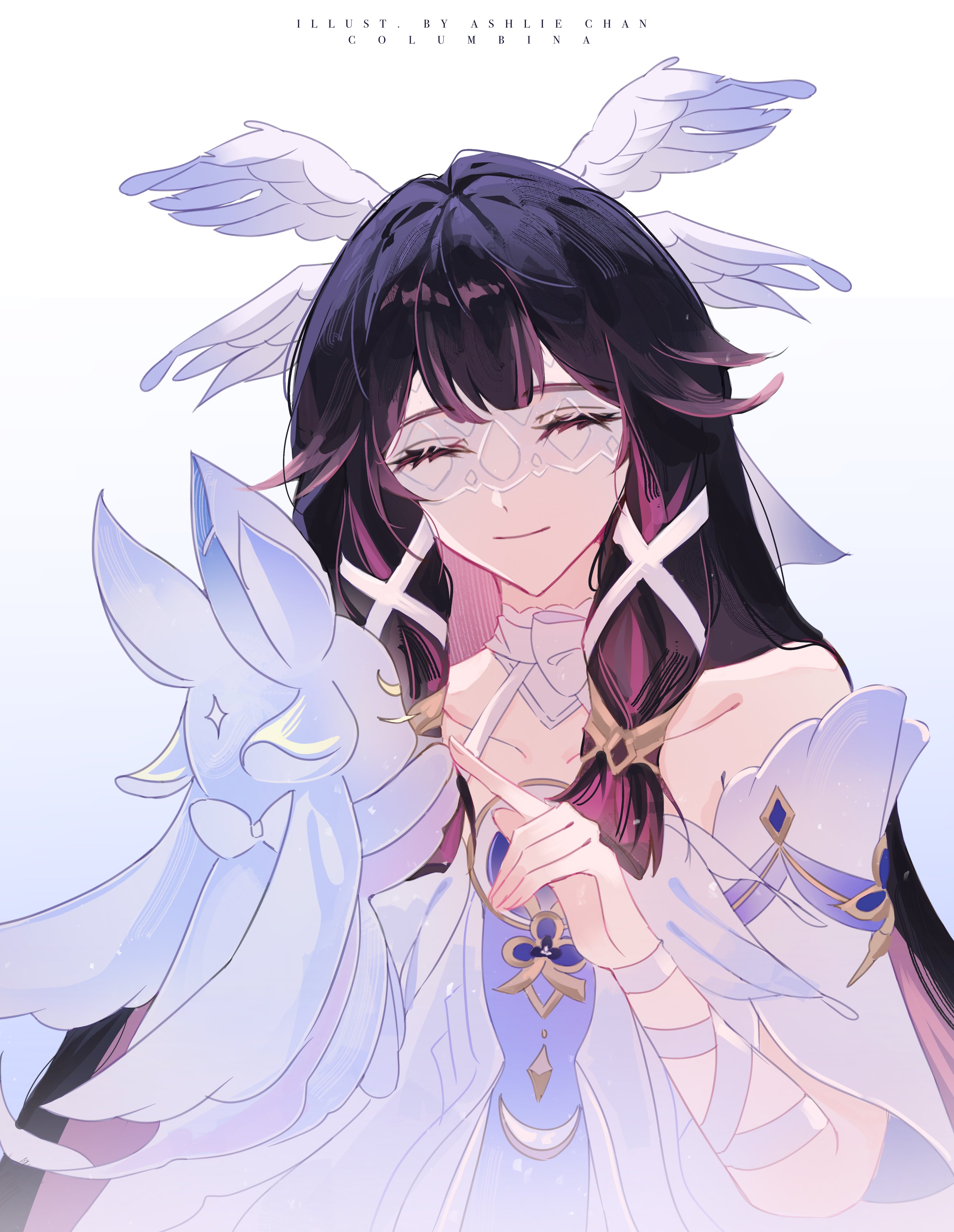 columbina (genshin impact), genshin impact, absurdres, highres, 1girl, ^ ^, ashlie chan, bare shoulders, black hair, blue background, choker, closed eyes, dress, gradient background, head wings, long hair, off-shoulder dress, off shoulder, ribbon, smile, upper body, very long hair, white background, white choker, white dress, white ribbon, wings, wrist ribbon