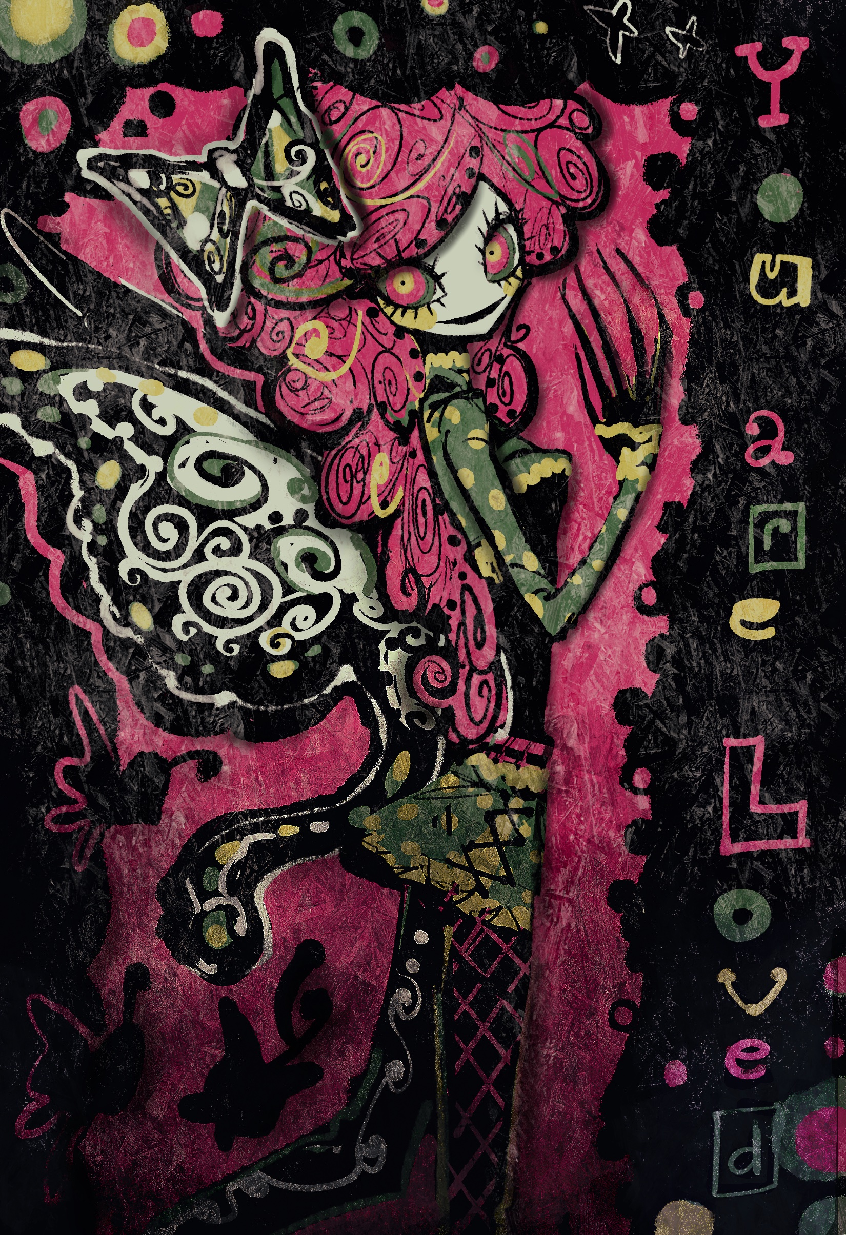 original, absurdres, highres, abstract background, asymmetrical legwear, black leggings, black shirt, bow, butterfly wings, cowboy shot, curly hair, green bow, green eyes, green shirt, green skirt, hair bow, insect wings, leggings, lina (papilionidae), long hair, mismatched legwear, multicolored bow, multicolored eyes, multicolored shirt, multicolored wings, open mouth, papilionidae, pink eyes, pink hair, polka dot, polka dot shirt, shirt, skinny, skirt, smile, solo, surreal, two-tone skirt, white wings, wings, yellow bow, yellow eyes, yellow shirt, yellow skirt