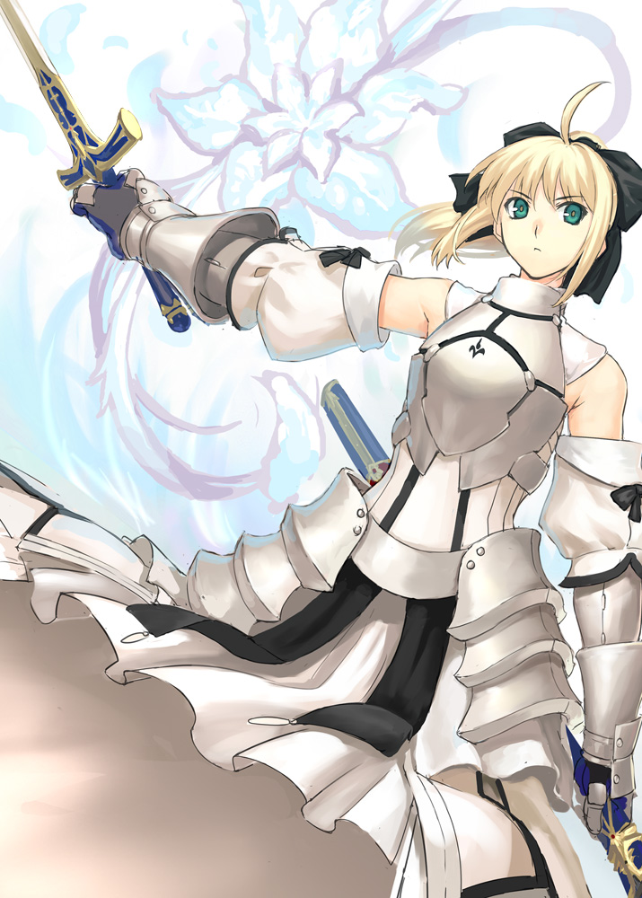 ran'ou (tamago no kimi), artoria pendragon (fate), saber (fate), saber lily, capcom, fate/stay night, fate/unlimited codes, fate (series), 00s, 1girl, ahoge, armor, armored dress, blonde hair, detached sleeves, dress, faulds, female focus, gauntlets, green eyes, hair ribbon, ribbon, solo, sword, weapon