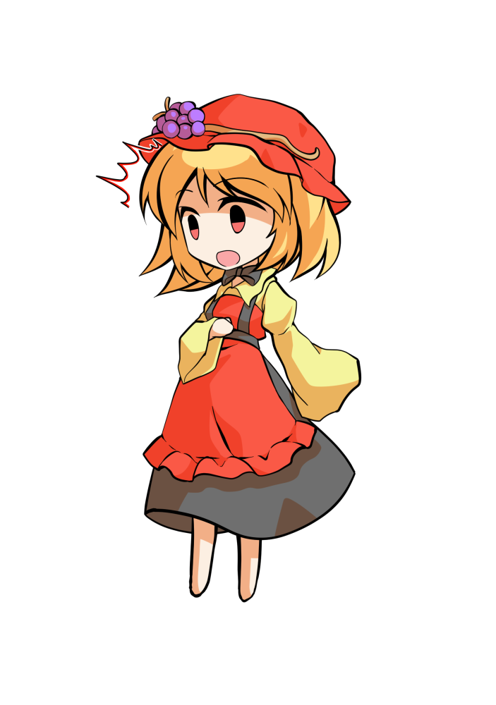 dairi, aki minoriko, touhou, commentary request, large variant set, variant set, 1girl, apron, barefoot, black bow, black bowtie, black skirt, blonde hair, bow, bowtie, chibi, chibi only, food, fruit, full body, grapes, hat, juliet sleeves, long sleeves, puffy sleeves, red apron, red hat, shirt, short hair, skirt, solo, tachi-e, transparent background, wide sleeves, yellow shirt