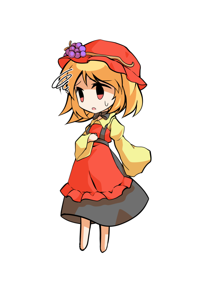 dairi, aki minoriko, touhou, commentary request, large variant set, variant set, 1girl, apron, barefoot, black bow, black bowtie, black skirt, blonde hair, bow, bowtie, chibi, chibi only, food, fruit, full body, grapes, hat, juliet sleeves, long sleeves, puffy sleeves, red apron, red hat, shirt, short hair, skirt, solo, tachi-e, transparent background, wide sleeves, yellow shirt