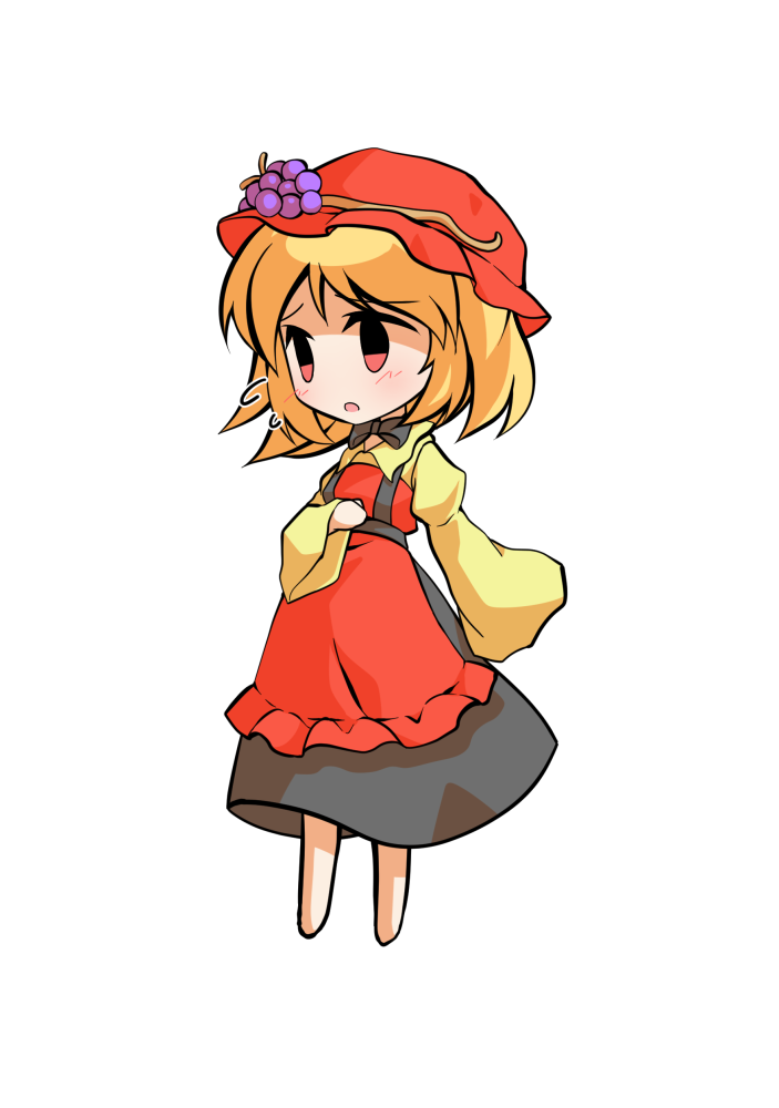 dairi, aki minoriko, touhou, commentary request, large variant set, variant set, 1girl, apron, barefoot, black bow, black bowtie, black skirt, blonde hair, bow, bowtie, chibi, chibi only, food, fruit, full body, grapes, hat, juliet sleeves, long sleeves, puffy sleeves, red apron, red hat, shirt, short hair, skirt, solo, tachi-e, transparent background, wide sleeves, yellow shirt