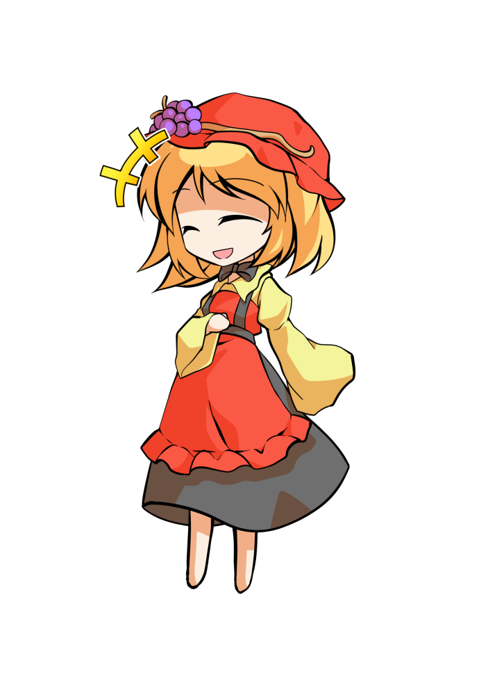 dairi, aki minoriko, touhou, commentary request, large variant set, variant set, 1girl, apron, barefoot, black bow, black bowtie, black skirt, blonde hair, bow, bowtie, chibi, chibi only, food, fruit, full body, grapes, hat, juliet sleeves, long sleeves, puffy sleeves, red apron, red hat, shirt, short hair, skirt, solo, tachi-e, transparent background, wide sleeves, yellow shirt