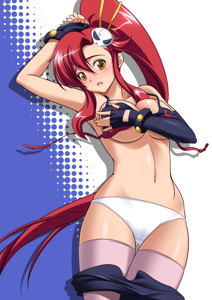 pickles (lte), yoko littner, tengen toppa gurren lagann, 00s, 1girl, arm up, bikini, bikini top only, blush, breasts, cleavage, clothes pull, covering breasts, covering privates, elbow gloves, female focus, fingerless gloves, gloves, hair ornament, hairclip, hairpin, long hair, midriff, navel, open mouth, panties, pink thighhighs, ponytail, red hair, shorts, shorts pull, skull, skull hair ornament, solo, swimsuit, thighhighs, underwear, very long hair, white panties, yellow eyes