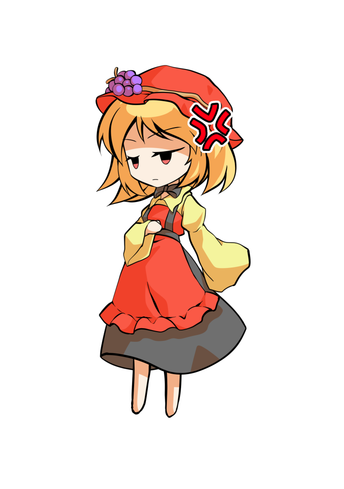 dairi, aki minoriko, touhou, commentary request, large variant set, variant set, 1girl, apron, barefoot, black bow, black bowtie, black skirt, blonde hair, bow, bowtie, chibi, chibi only, food, fruit, full body, grapes, hat, juliet sleeves, long sleeves, puffy sleeves, red apron, red hat, shirt, short hair, skirt, solo, tachi-e, transparent background, wide sleeves, yellow shirt