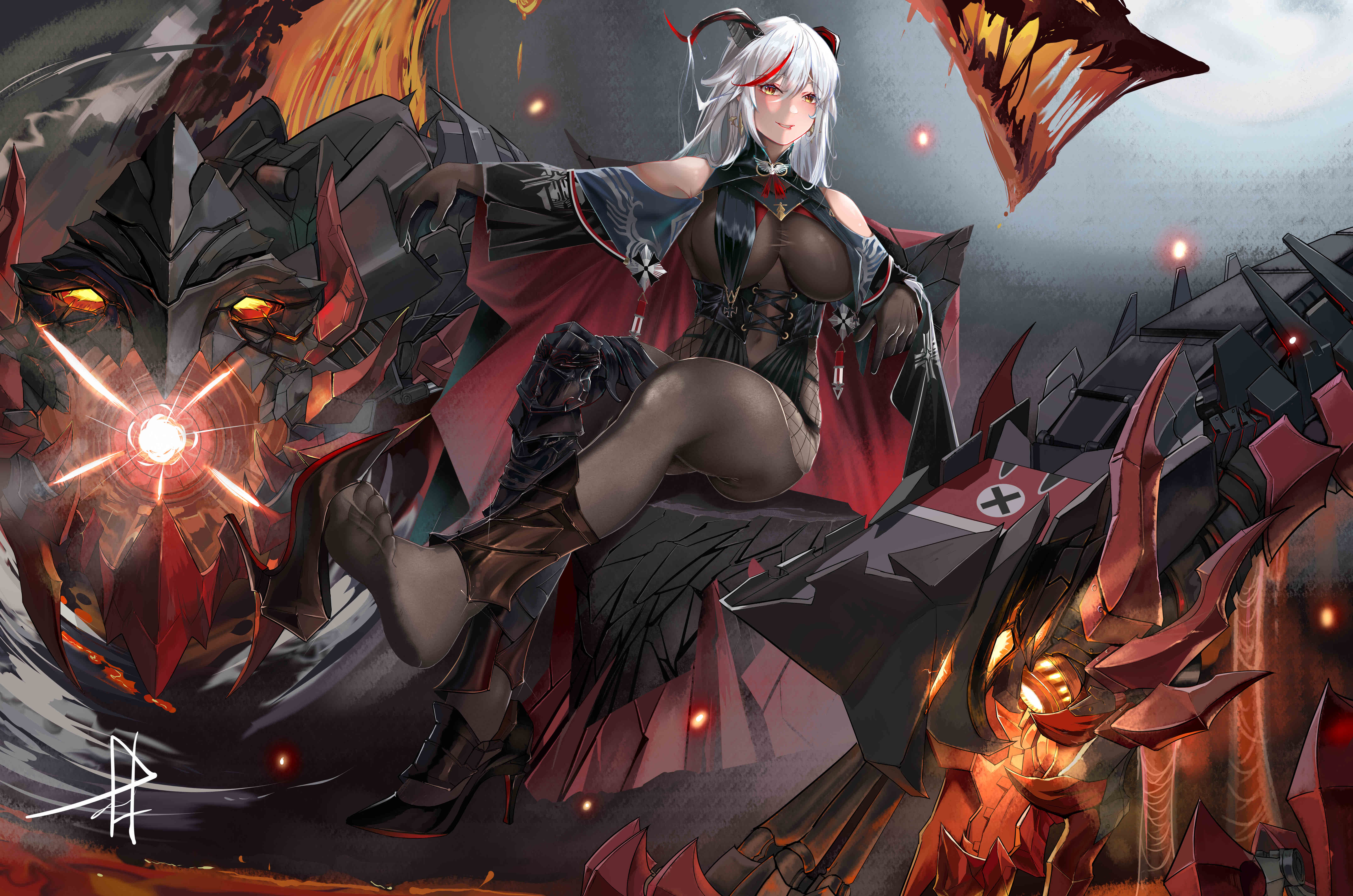 linjianga lin, aegir (azur lane), azur lane, absurdres, chinese commentary, commentary request, highres, variant set, 1girl, armored boots, asymmetrical footwear, bare shoulders, barefoot, black boots, black horns, black shoes, bodystocking, boots, breast curtains, breasts, brown bodystocking, brown gloves, clothing cutout, covered navel, cross, cross earrings, demon horns, earrings, elbow gloves, extreme dangling, full body, gloves, hair between eyes, hair on horn, high heel boots, high heels, horns, iron blood (emblem), jewelry, large breasts, long hair, long sleeves, looking at viewer, mismatched footwear, multicolored hair, navel, navel cutout, non-humanoid robot, red streaks, robot, robot dragon, shoes, signature, single thigh boot, sitting, solo, streaked hair, thigh boots, two-tone hair, white hair, wide sleeves, yellow eyes