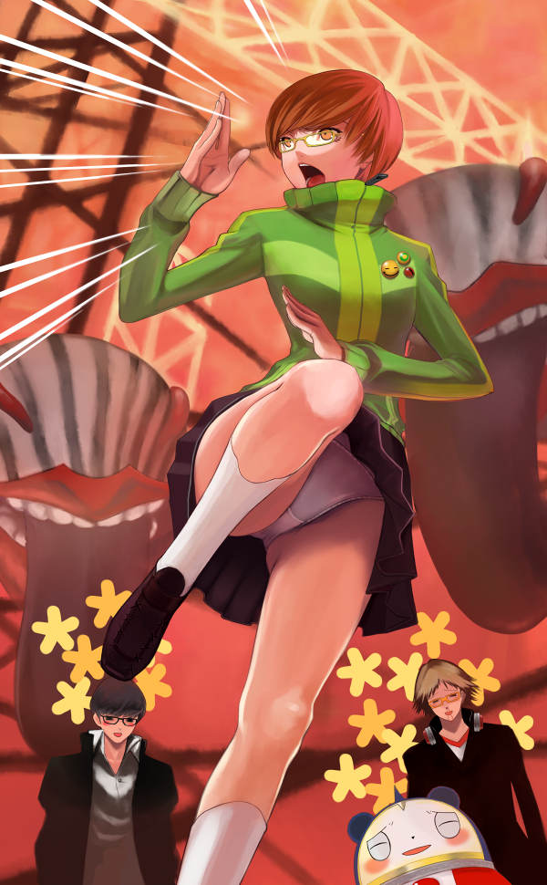 izumi (walnov), hanamura yousuke, kuma (persona 4), narukami yu, satonaka chie, shadow (persona), atlus, persona, persona 4, 1girl, 2boys, blood, fighting stance, glasses, multiple boys, nosebleed, panties, pantyshot, underwear, upskirt, white panties