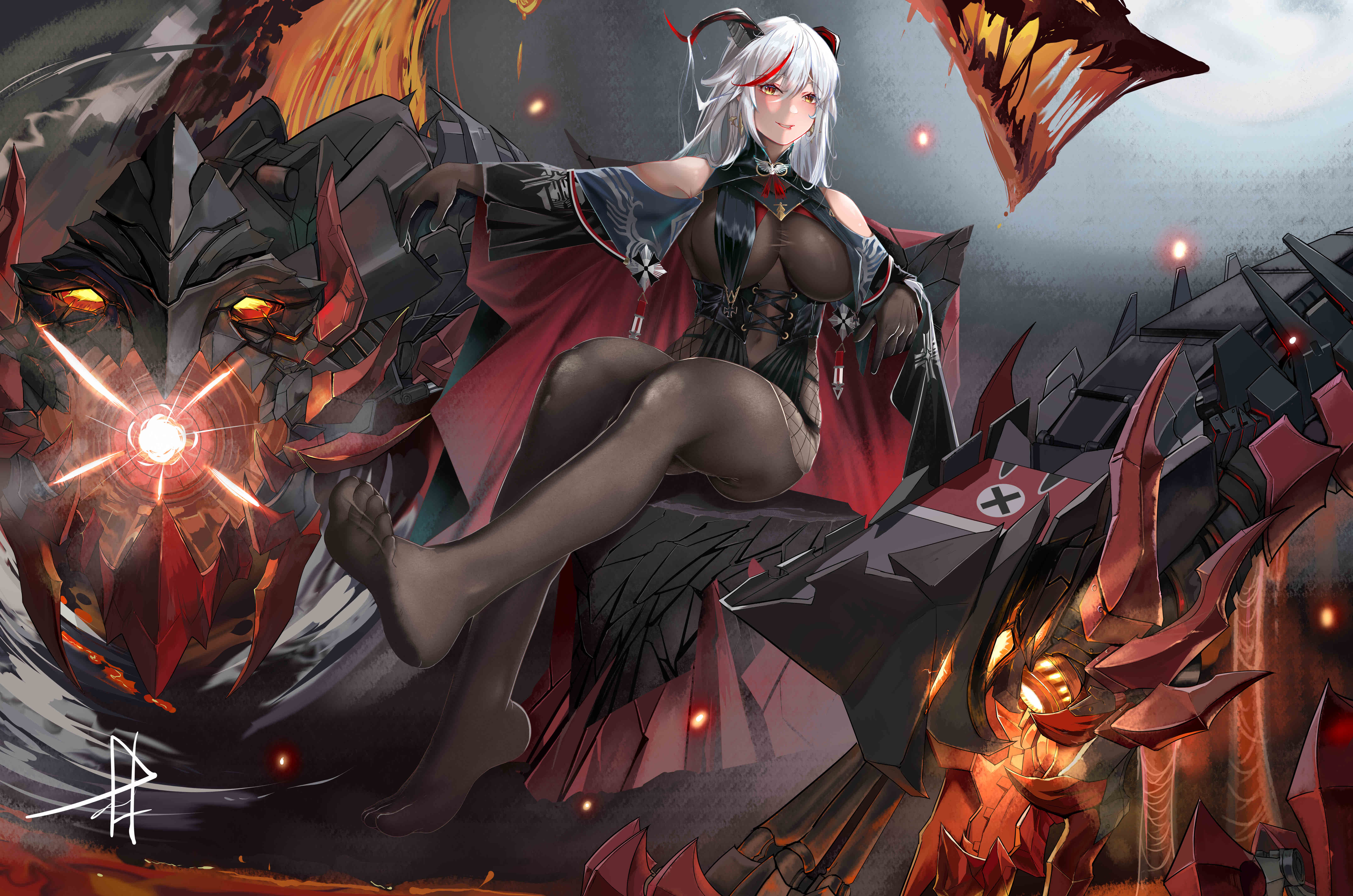 linjianga lin, aegir (azur lane), azur lane, absurdres, chinese commentary, commentary request, highres, variant set, 1girl, bare shoulders, barefoot, black horns, bodystocking, breast curtains, breasts, brown bodystocking, brown gloves, clothing cutout, covered navel, cross, cross earrings, demon horns, earrings, elbow gloves, full body, gloves, hair between eyes, hair on horn, horns, iron blood (emblem), jewelry, large breasts, long hair, long sleeves, looking at viewer, multicolored hair, navel, navel cutout, non-humanoid robot, red streaks, robot, robot dragon, signature, sitting, solo, streaked hair, two-tone hair, white hair, wide sleeves, yellow eyes