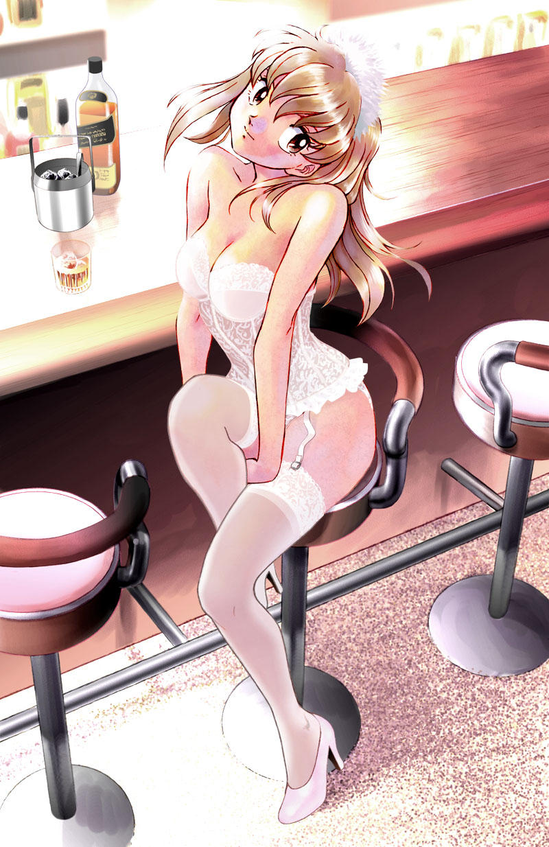 highres, 1girl, alcohol, bar (place), blonde hair, breasts, brown eyes, bustier, cleavage, drink, female focus, garter straps, hair ornament, head tilt, high heels, indoors, johnnie walker, lace, large breasts, lingerie, long hair, looking at viewer, panties, shoes, sitting, solo, thighhighs, underwear, whiskey