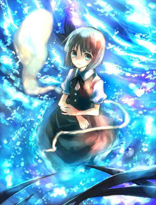 konpaku youmu, konpaku youmu (ghost), touhou, artist request, bad id, bad pixiv id, source request, 1girl, female focus, ghost, hitodama, ribbon, school uniform, serafuku, short hair, solo, water