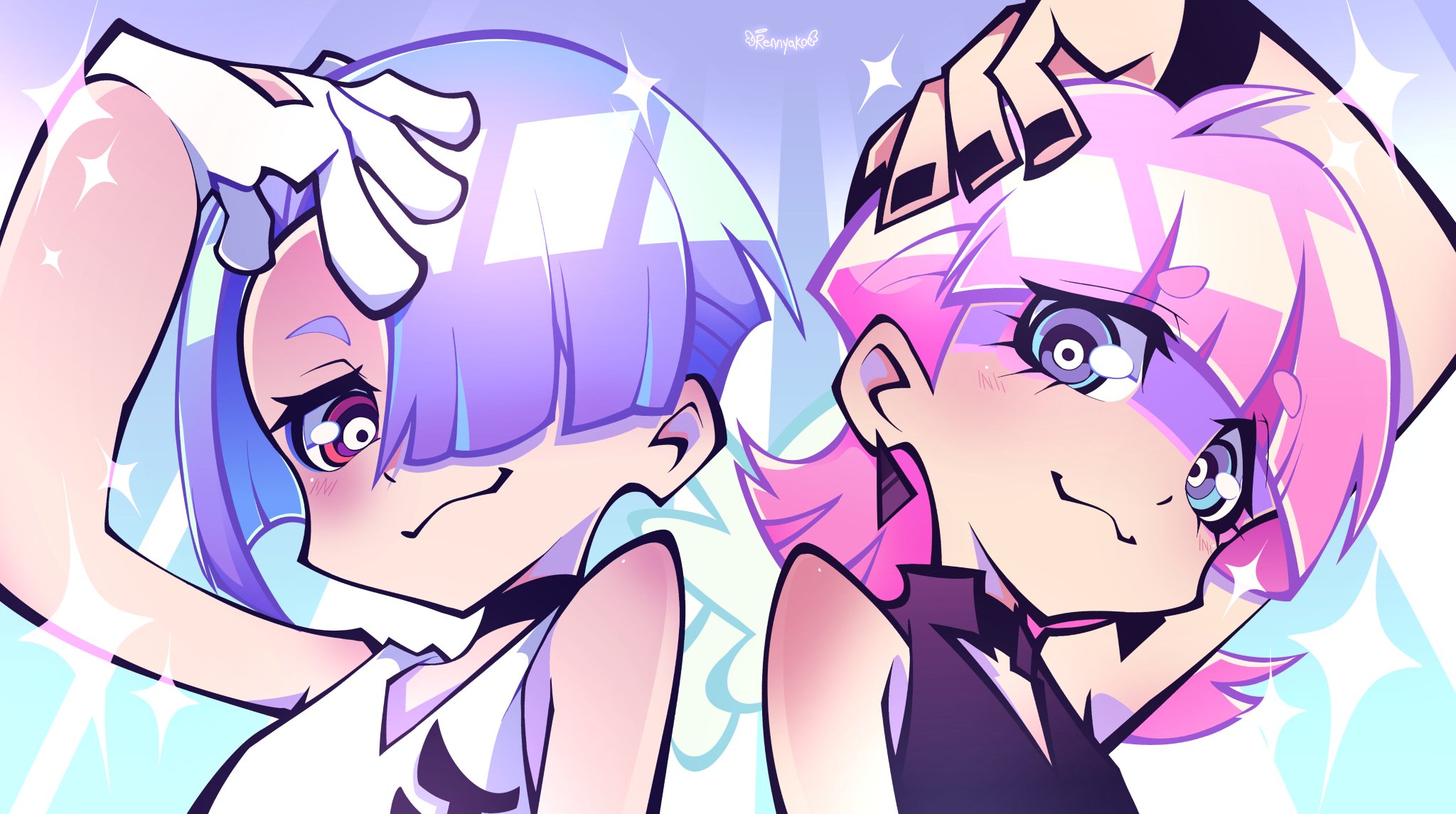 polyester (psg), polyurethane (psg), panty & stocking with garterbelt, highres, 2boys, :3, black jumpsuit, black nails, blue eyes, blunt bangs, blush, brothers, gloves, hair over one eye, ikedarennie, jumpsuit, looking at viewer, male focus, multiple boys, pink hair, purple hair, red eyes, siblings, smile, white gloves, white jumpsuit