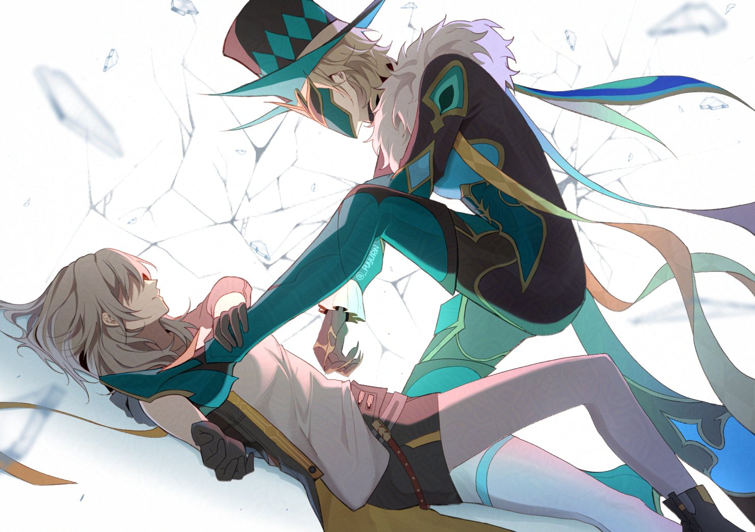 puyurin, aventurine (boss) (honkai: star rail), aventurine (honkai: star rail), stelle (honkai: star rail), trailblazer (honkai: star rail), honkai: star rail, honkai (series), 1boy, 1girl, ankle grab, artist name, black boots, black gloves, black hat, black jacket, black mask, black skirt, blonde hair, blue boots, boots, claws, closed mouth, covered face, fighting, floating clothes, frills, fur-trimmed jacket, fur trim, gloves, grey hair, hat, jacket, long hair, long sleeves, lying, miniskirt, no eyes, official alternate costume, on back, open clothes, open jacket, shadow, shirt, short hair, skirt, t-shirt, thigh boots, thigh strap, top hat, white background, white shirt
