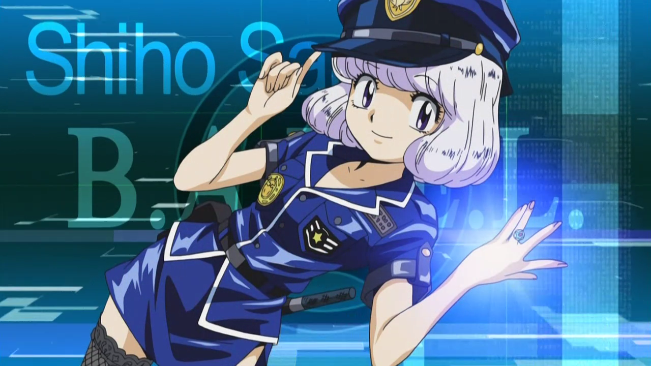 sannomiya shiho, zettai karen children, anime screenshot, 00s, 1girl, character name, female focus, hat, police, police uniform, solo, thighhighs