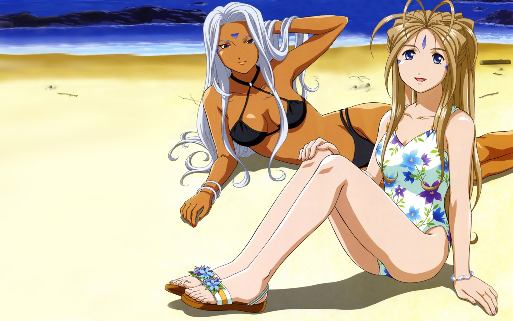 kuwabara yuki, belldandy, urd (aa megami-sama), aa megami-sama, highres, 2girls, antenna hair, beach, bikini, blue eyes, bracelet, breasts, brown hair, cleavage, dark-skinned female, dark skin, day, facial mark, floral print, forehead mark, jewelry, large breasts, long hair, multiple girls, one-piece swimsuit, purple eyes, ring, sandals, swimsuit, very long hair, white hair