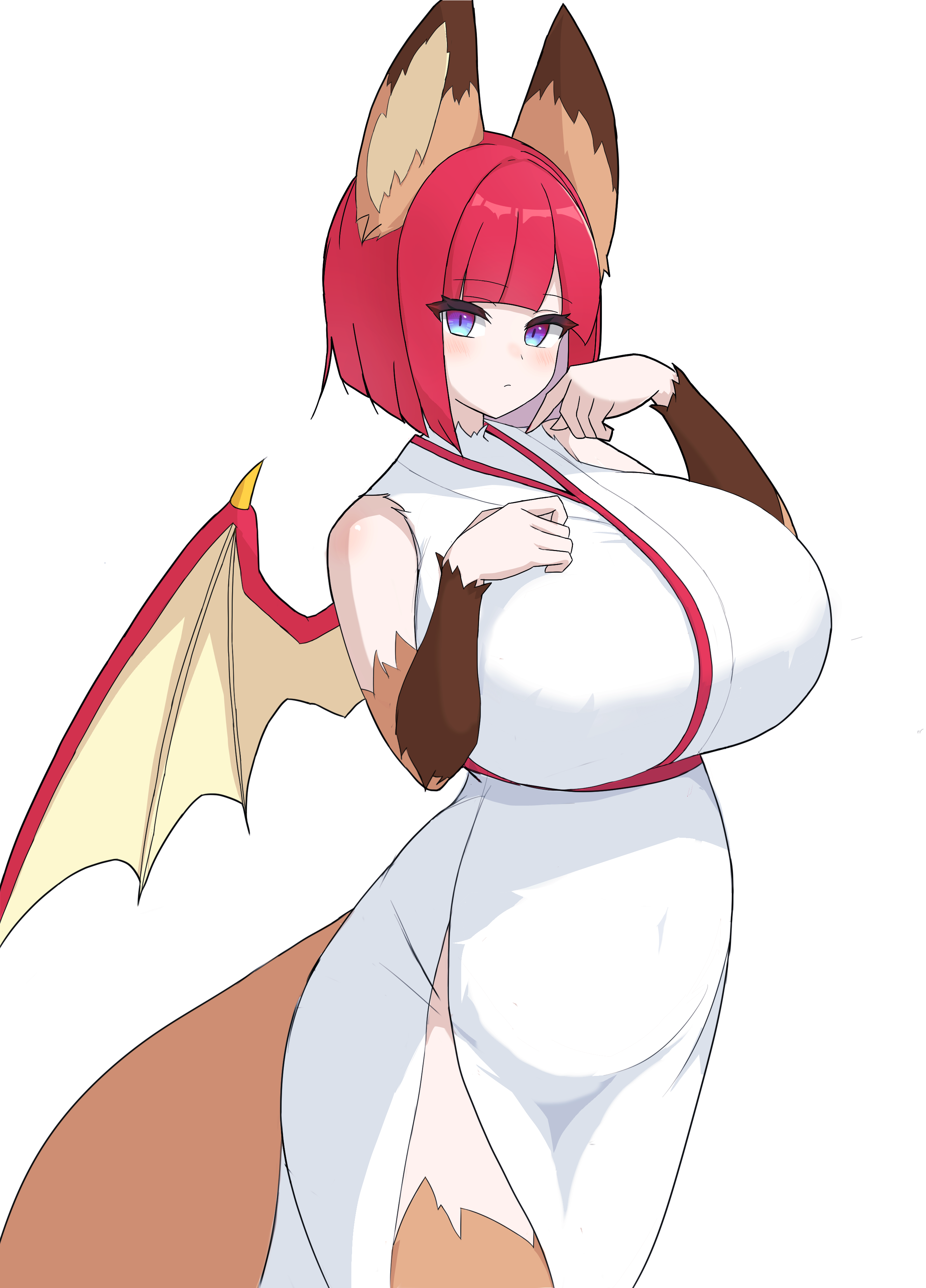 dolp (pixiv 34569752), monster farm, absurdres, character request, highres, 1girl, animal ears, blue eyes, blunt bangs, blunt ends, bob cut, breasts, brown tail, closed mouth, covered navel, cowboy shot, curvy, dress, gradient eyes, hand on own chest, hands up, huge breasts, japanese clothes, kimono, light blush, looking at viewer, multicolored eyes, purple eyes, red hair, short hair, simple background, sleeveless, sleeveless kimono, solo, white background, white dress, white kimono, wings