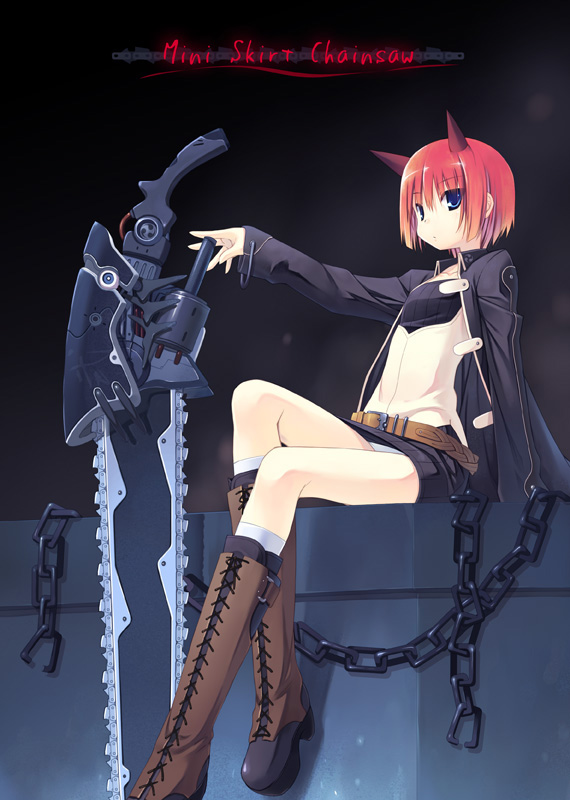 poco (asahi age), original, 1girl, blue eyes, boots, chain, chainsaw, female focus, horns, red hair, short hair, sitting, solo