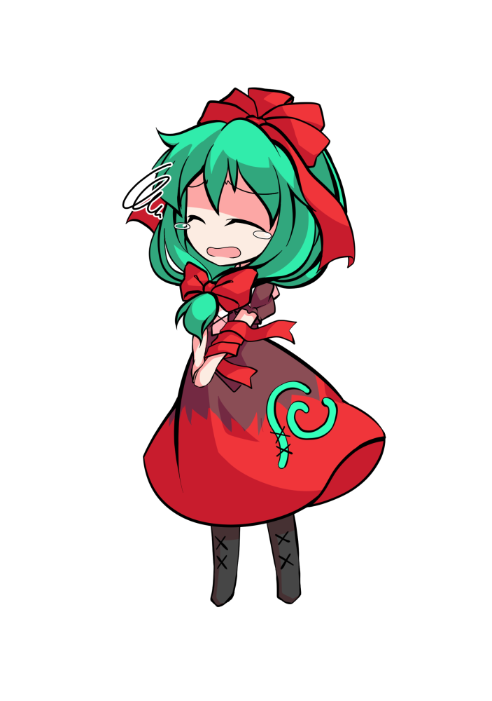 dairi, kagiyama hina, touhou, commentary request, large variant set, variant set, 1girl, arm ribbon, black boots, boots, chibi, chibi only, dress, full body, green hair, hair between eyes, hair ribbon, medium hair, own hands together, puffy short sleeves, puffy sleeves, red dress, red ribbon, ribbon, short sleeves, solo, tachi-e, transparent background