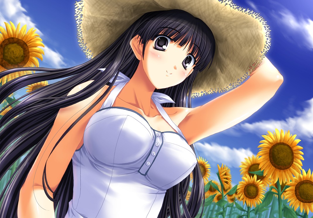 miyai sen, kusakabe yuuki (to heart 2), to heart (series), to heart 2, 00s, black hair, flower, hat, long hair, purple eyes, solo, sunflower