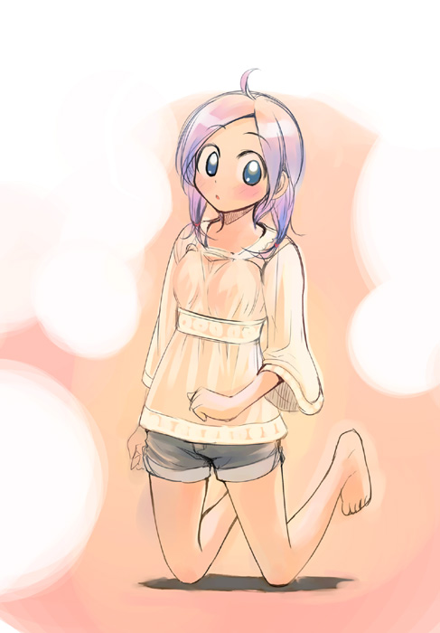 ikeda jun (mizutamari), original, blue eyes, blush, feet, purple hair, shorts, solo