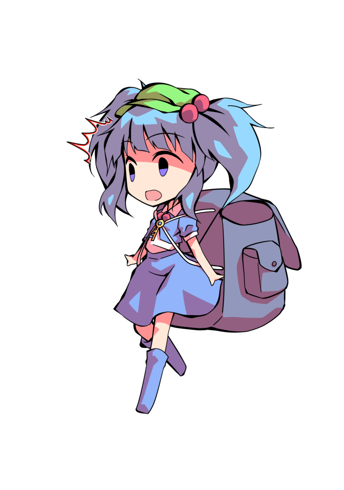 dairi, kawashiro nitori, touhou, commentary request, large variant set, variant set, 1girl, backpack, bag, blue boots, blue hair, blue shirt, blue skirt, boots, chibi, chibi only, full body, green hair, key, long hair, shirt, skirt, skirt set, solo, tachi-e, transparent background, two side up, undershirt