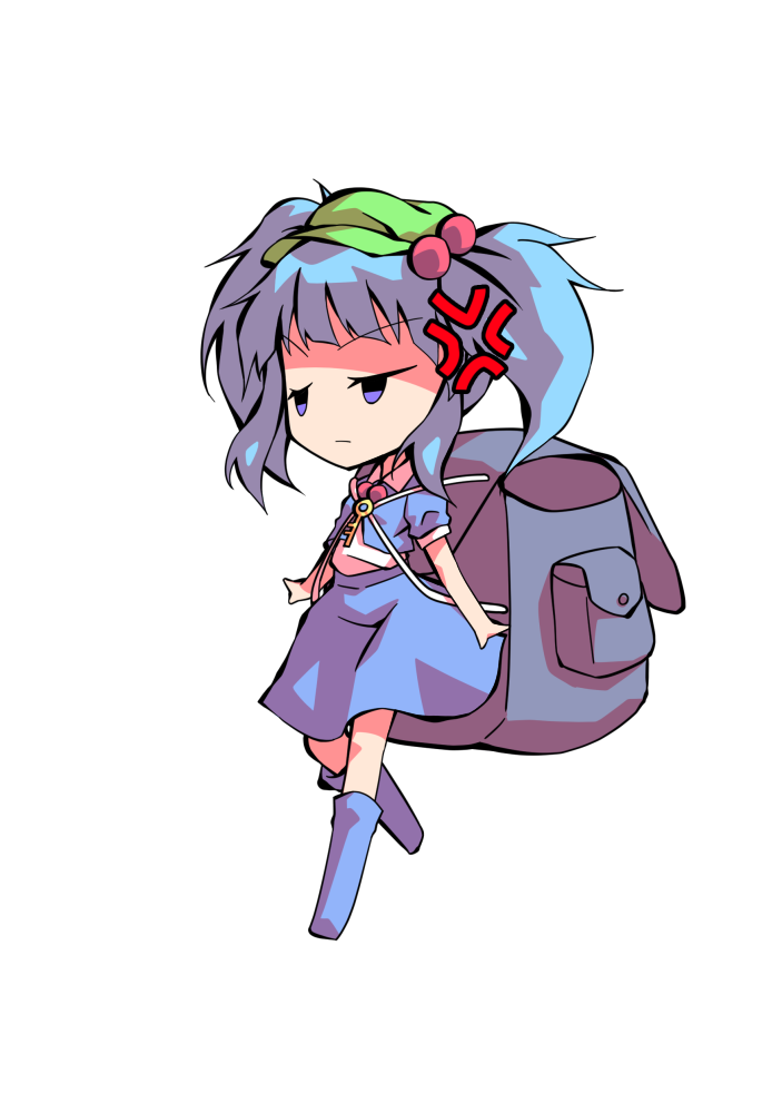 dairi, kawashiro nitori, touhou, commentary request, large variant set, variant set, 1girl, backpack, bag, blue boots, blue hair, blue shirt, blue skirt, boots, chibi, chibi only, full body, green hair, key, long hair, shirt, skirt, skirt set, solo, tachi-e, transparent background, two side up, undershirt