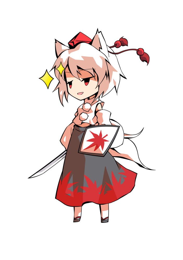 dairi, inubashiri momiji, touhou, commentary request, large variant set, variant set, 1girl, animal ears, black skirt, chibi, chibi only, detached sleeves, full body, grey sandals, hair between eyes, hat, holding, holding shield, holding sword, holding weapon, long skirt, midriff, multiple tails, red hat, sandals, shield, shirt, short hair, skirt, solo, standing, sword, tachi-e, tail, tokin hat, transparent background, turtleneck, weapon, white hair, white shirt