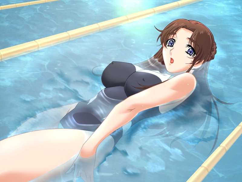 gan-chan (artist), narushima ai, discovery software, tsuma x tsuma 4, game cg, 1girl, backstroke, black one-piece swimsuit, blue eyes, breasts, brown hair, competition swimsuit, covered erect nipples, dutch angle, female focus, from above, impossible clothes, impossible swimsuit, jewelry, lane line, large breasts, lipstick, long hair, looking at viewer, makeup, one-piece swimsuit, open mouth, pool, ring, solo, swimming, swimsuit, water, wet